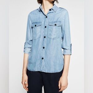 Zara EUC Chambray Denim Shirt Roll Up 3/4 Sleeves Patch Pockets Size XS Blue